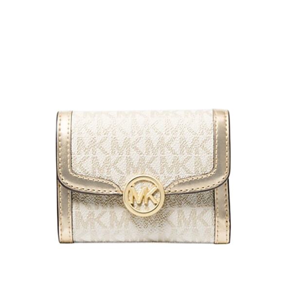 Michael Kors Leida Medium Wallet Metallic Logo Pale Gold - Picture 1 of 2